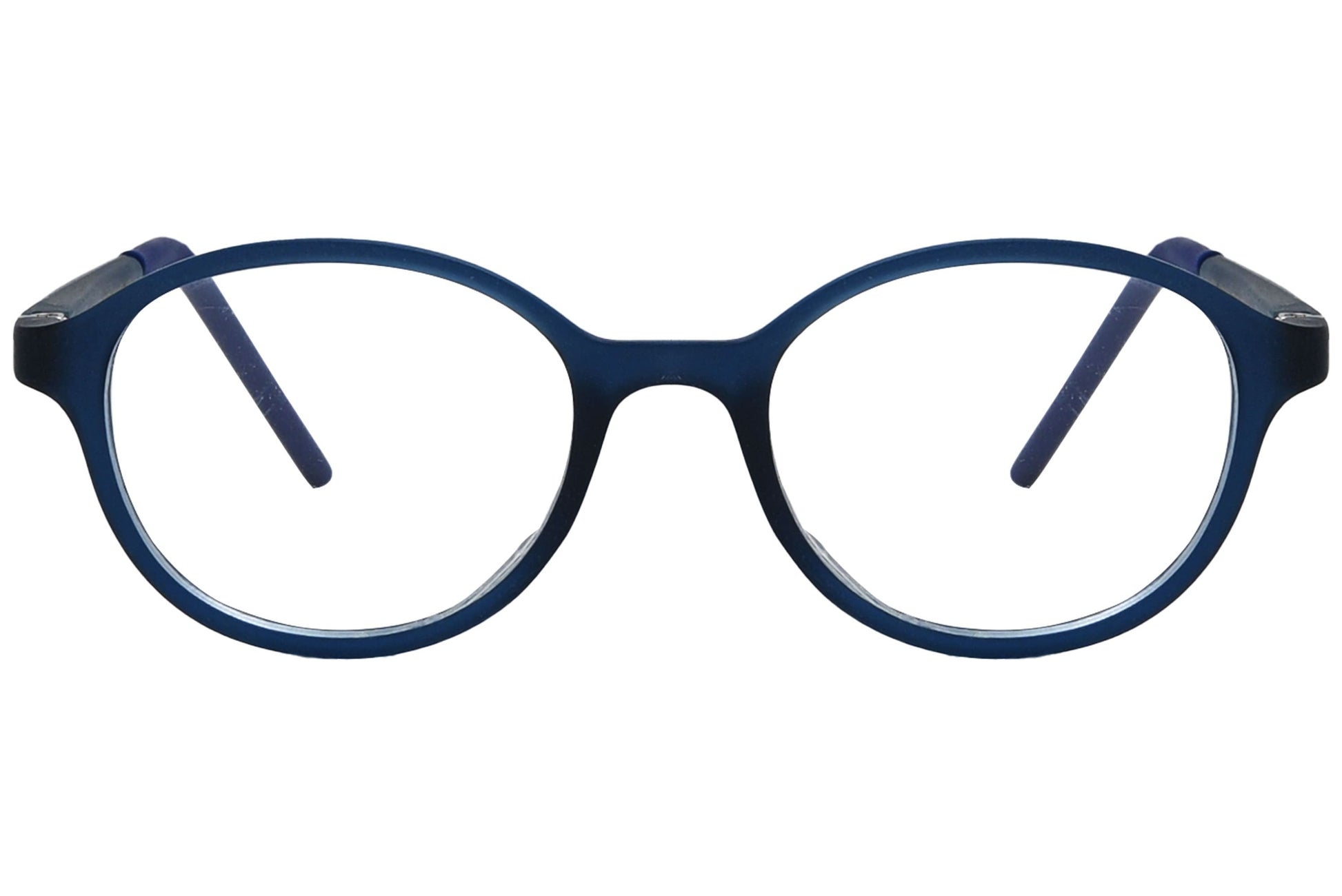 porto romana round blue eyeglasses frame viewed from front angle.