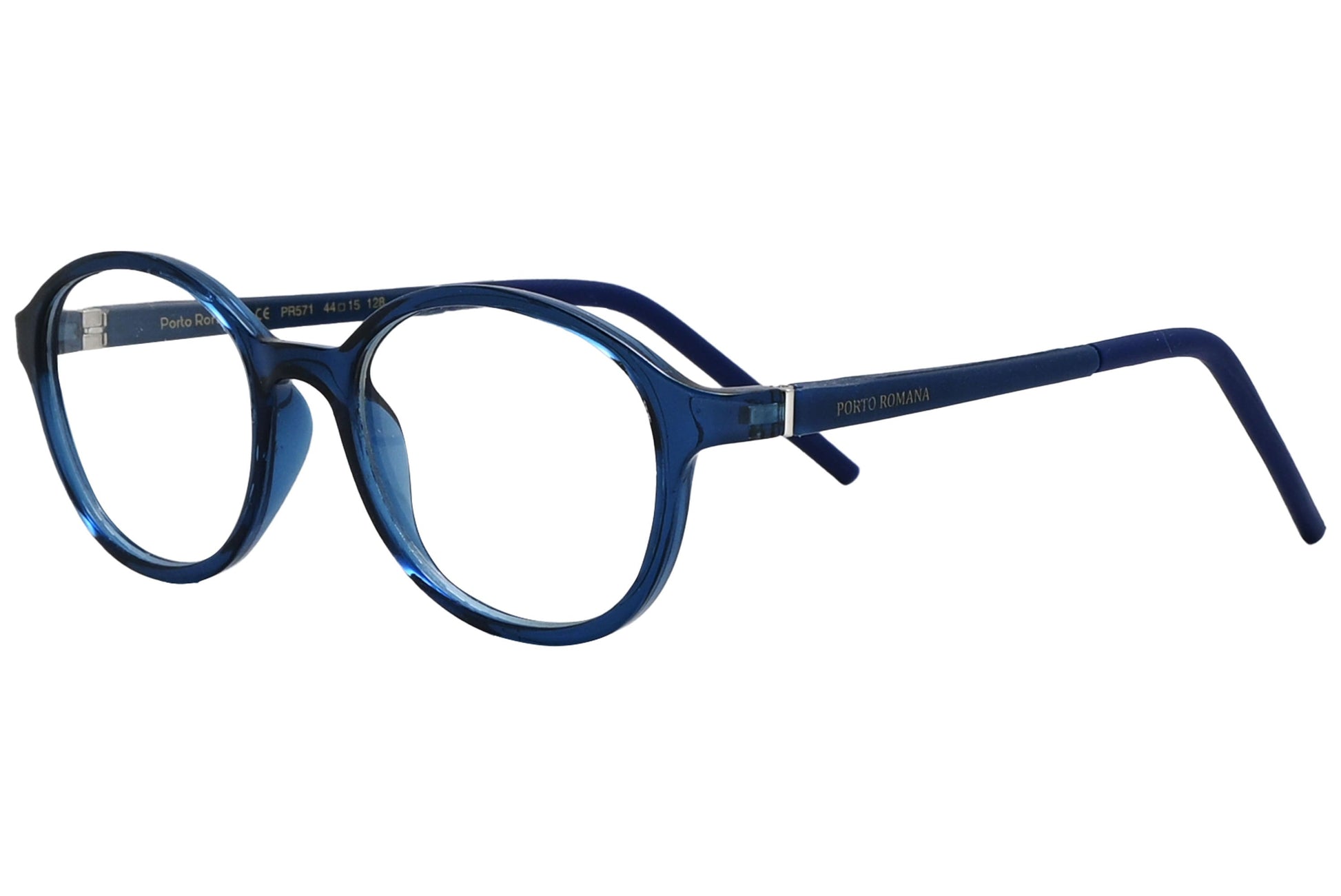 porto romano oval blue eyeglasses frame viewed from a 45-degree angle.