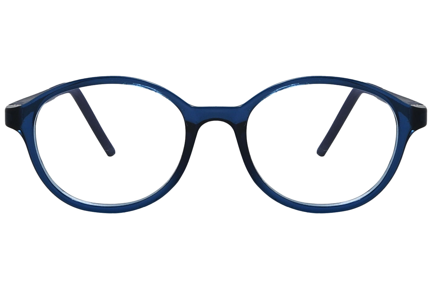 porto romana oval blue eyeglasses frame viewed from front angle.