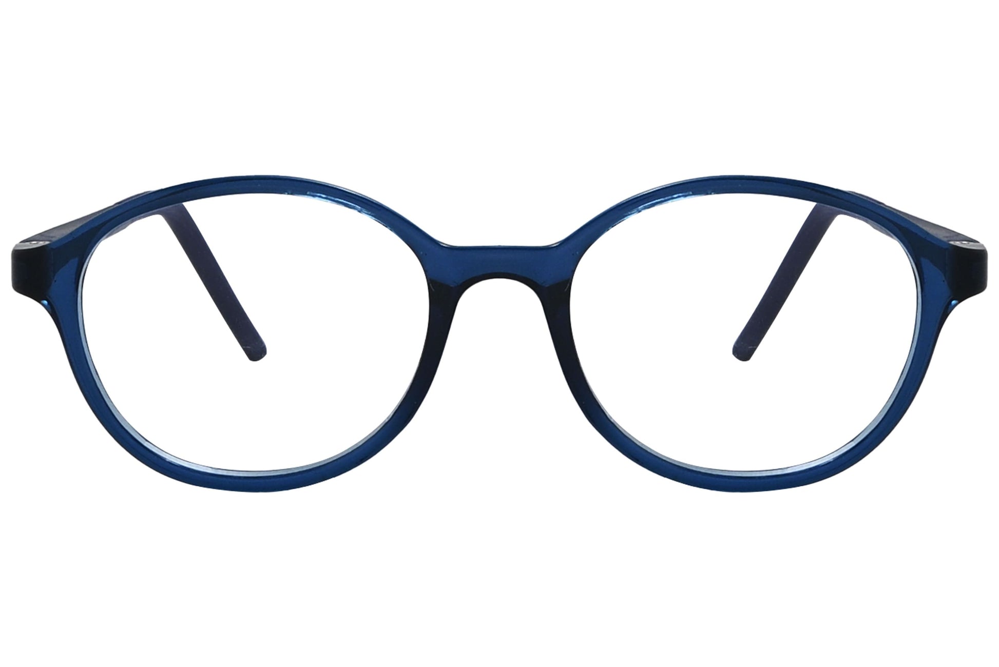 porto romana oval blue eyeglasses frame viewed from front angle.