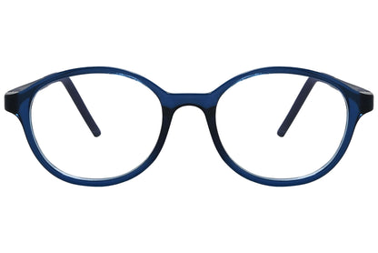 porto romana oval blue eyeglasses frame viewed from front angle.