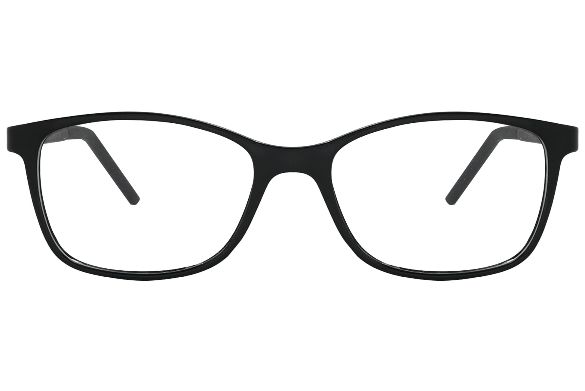 porto romana rectangle black eyeglasses frame viewed from front angle.