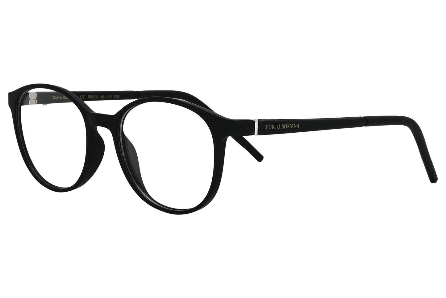 porto romana round black eyeglasses frame viewed from a 45-degree angle.