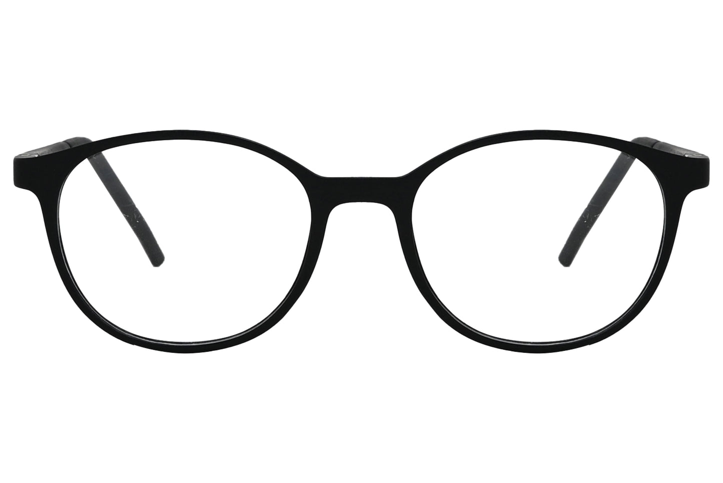 porto romana round black eyeglasses frame viewed from front angle.