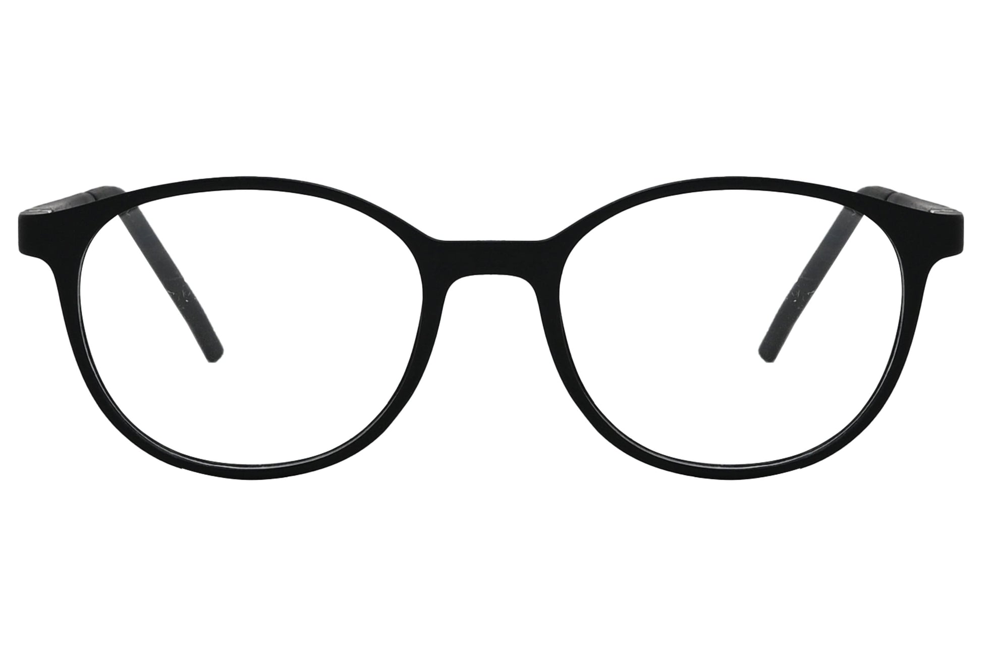 porto romana round black eyeglasses frame viewed from front angle.