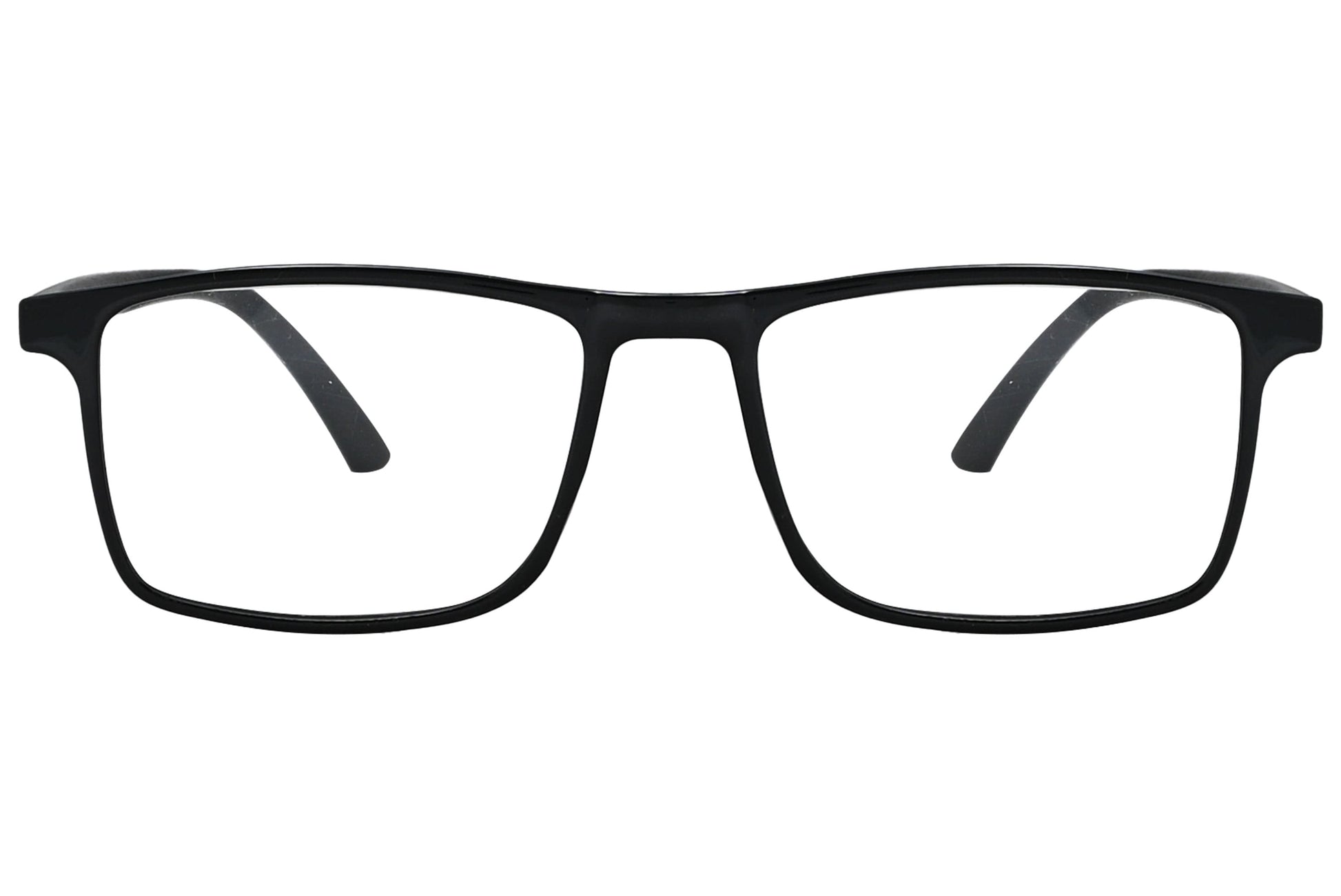 porto romana rectangle black eyeglasses frame viewed from front angle.