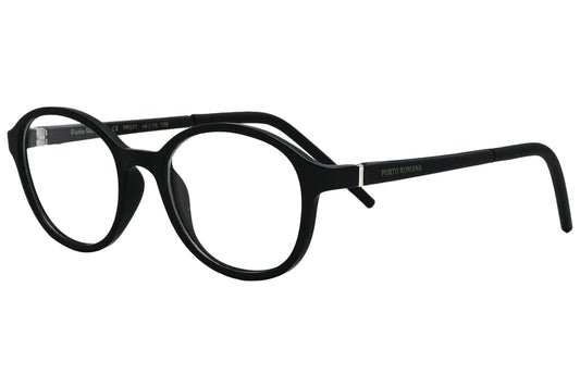 porto romano round black eyeglasses frame viewed from a 45-degree angle.