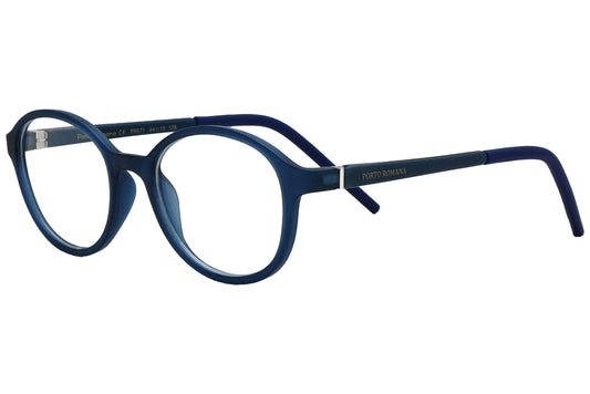 porto romano round blue eyeglasses frame viewed from a 45-degree angle.