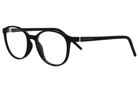 porto romano round black eyeglasses frame viewed from a 45-degree angle.