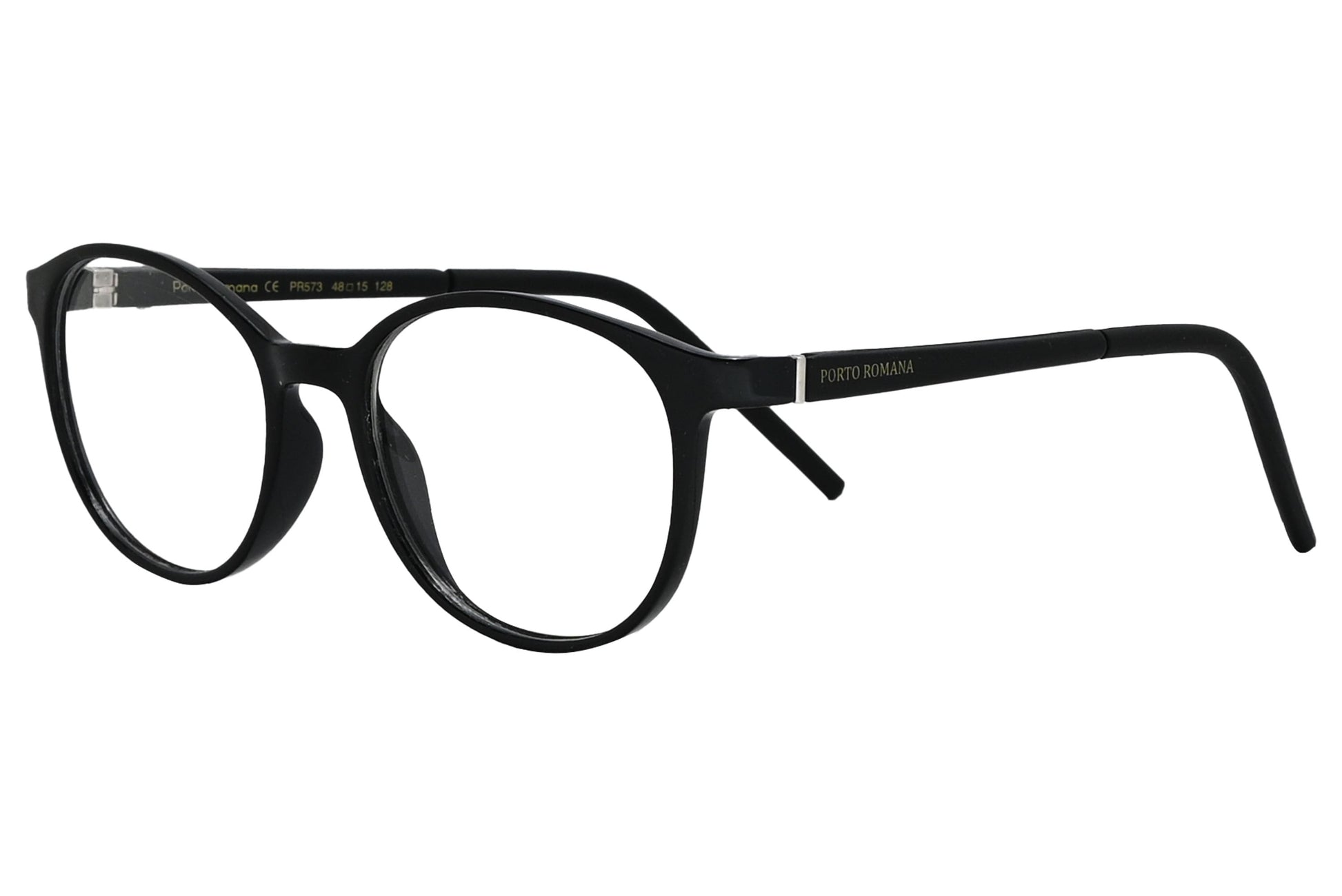 porto romano round black eyeglasses frame viewed from a 45-degree angle.