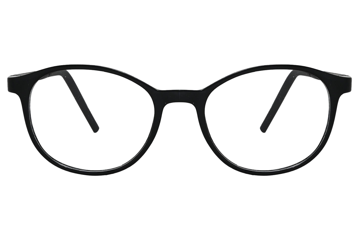 porto romano round black eyeglasses frame viewed from front angle.