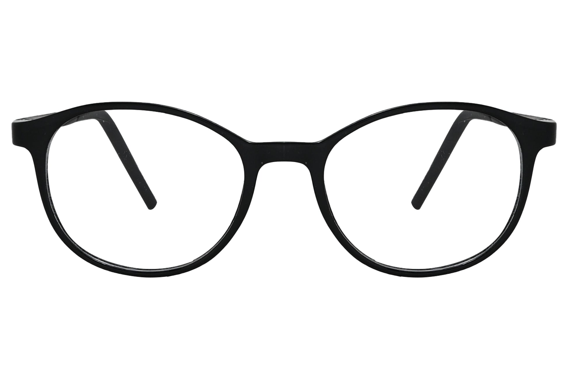 porto romano round black eyeglasses frame viewed from front angle.