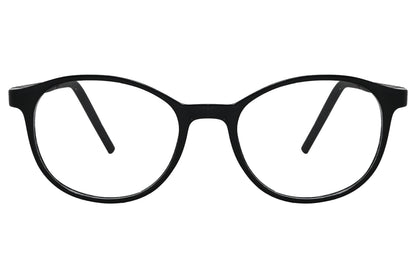 porto romano round black eyeglasses frame viewed from front angle.