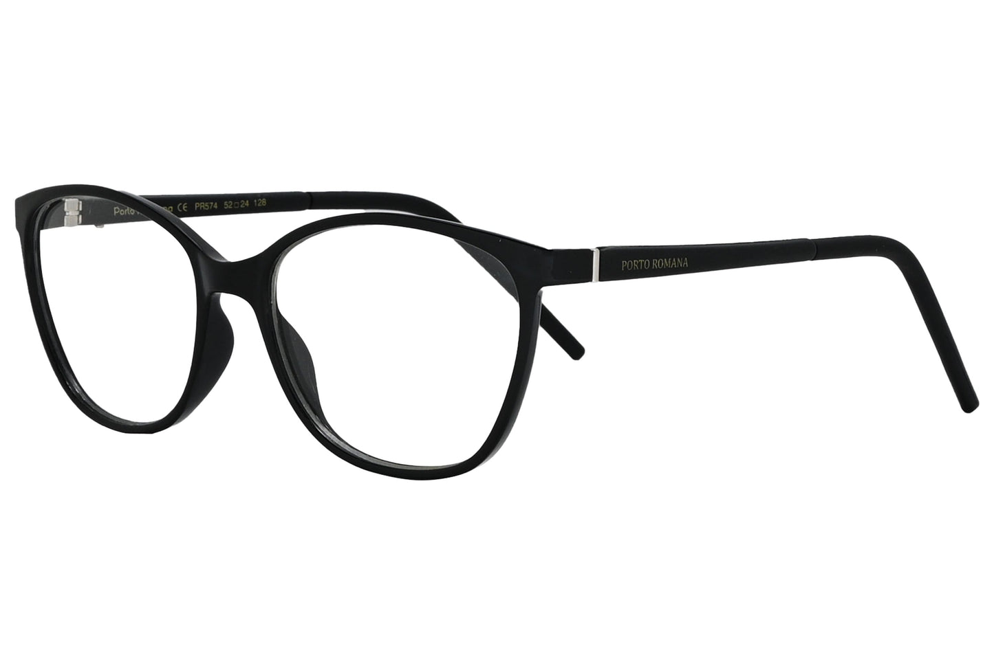 porto romano rectangle black eyeglasses frame viewed from a 45-degree angle.