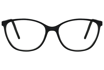 porto romano rectangle black eyeglasses frame viewed from front angle.