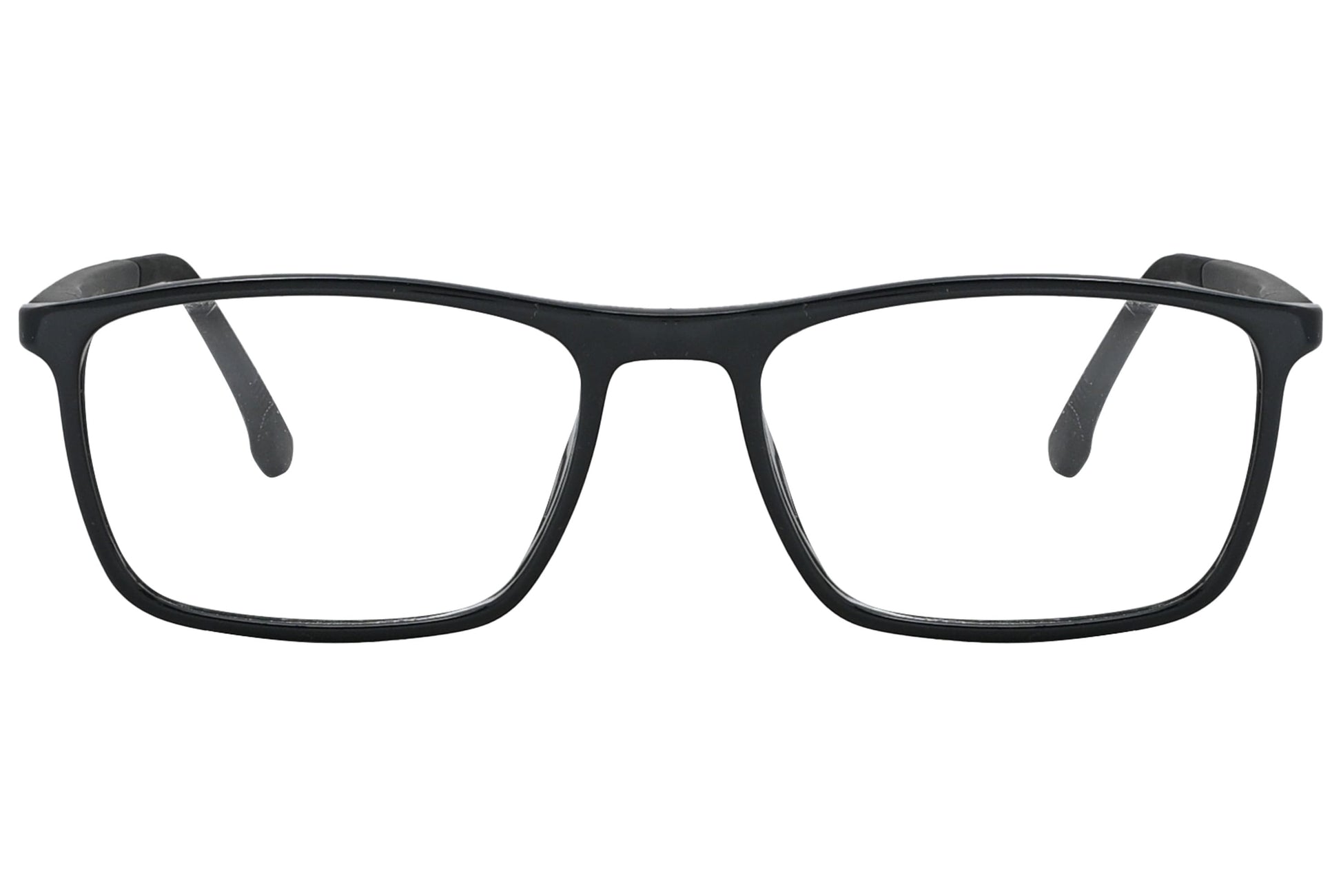 porto romano rectangle black eyeglasses frame viewed from front angle.