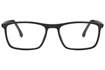 porto romano rectangle black eyeglasses frame viewed from front angle.