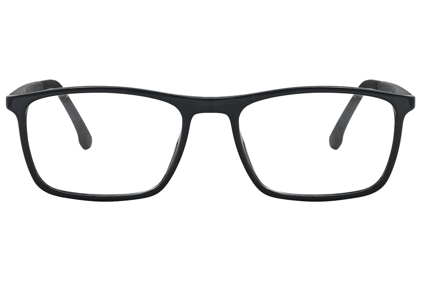 porto romano rectangle black eyeglasses frame viewed from front angle.