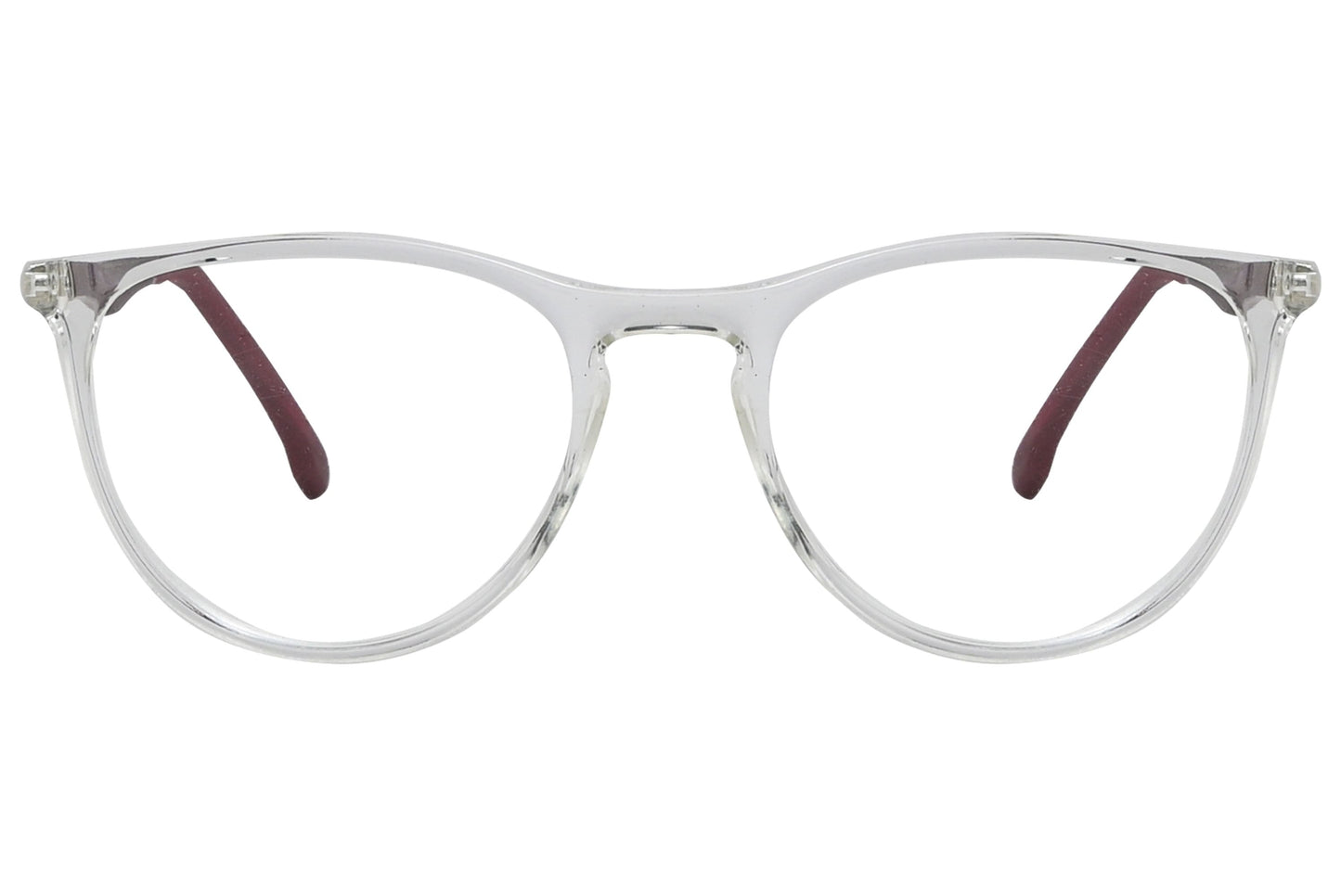 porto romano oval transparent eyeglasses frame viewed from front angle.