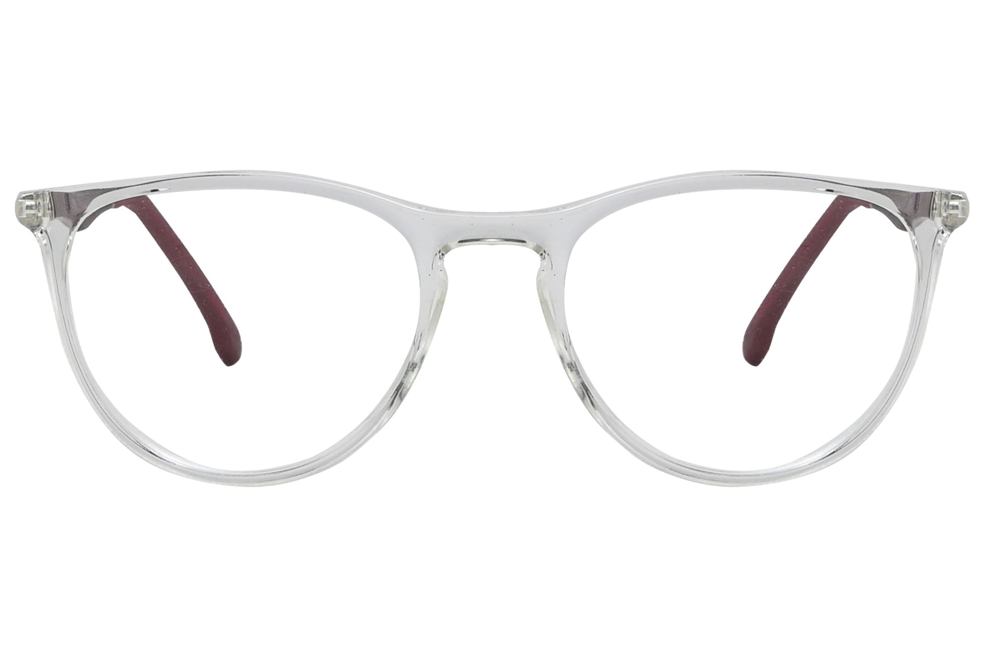 porto romano oval transparent eyeglasses frame viewed from front angle.