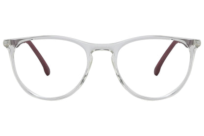 porto romano oval transparent eyeglasses frame viewed from front angle.