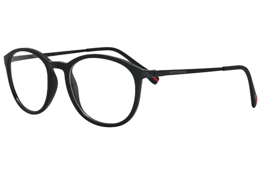 porto romano round black eyeglasses frame viewed from a 45-degree angle.