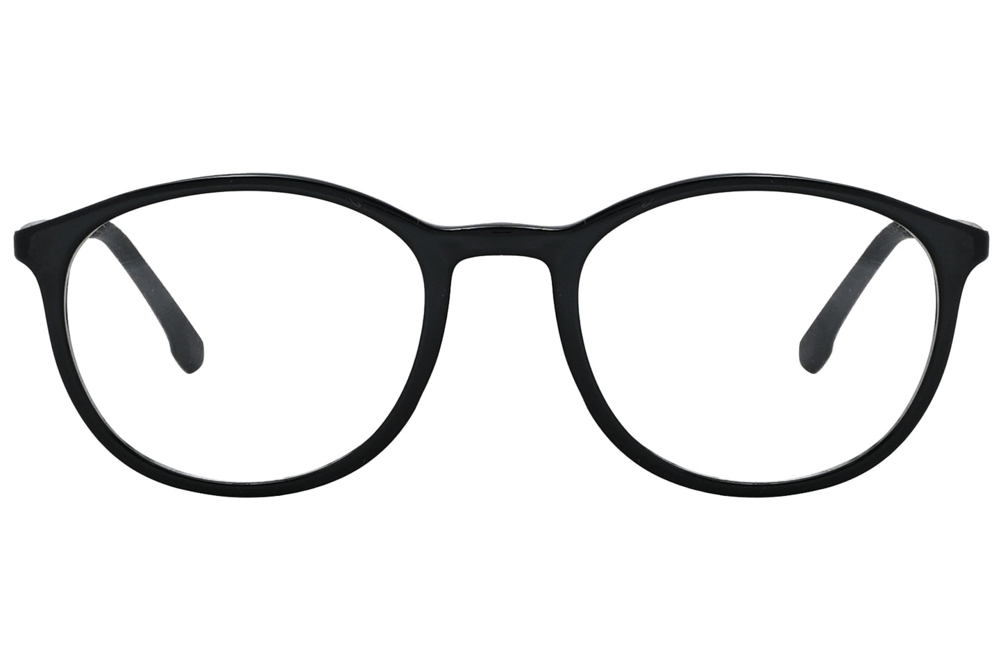 porto romano round black eyeglasses frame viewed from front angle.