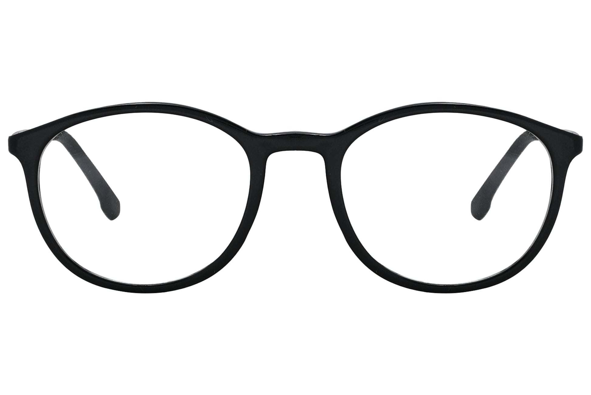 porto romano round black eyeglasses frame viewed from front angle.