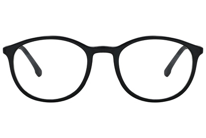 porto romano round black eyeglasses frame viewed from front angle.