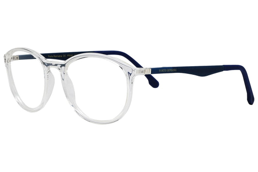 porto romano round transparent eyeglasses frame viewed from a 45-degree angle.