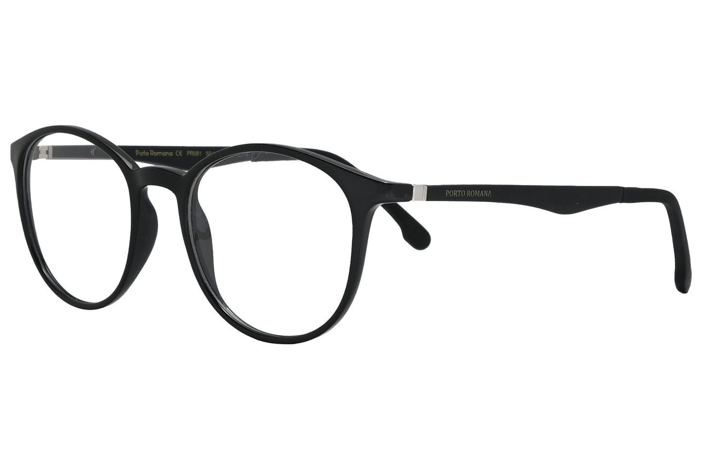 porto romano round black eyeglasses frame viewed from a 45-degree angle.