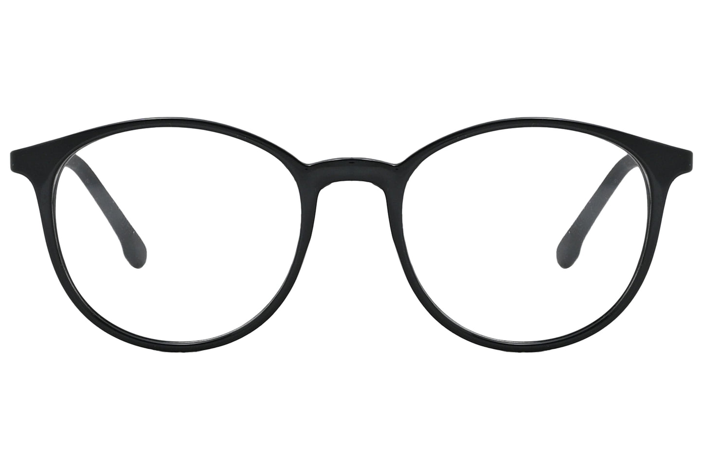 porto romano round black eyeglasses frame viewed from front angle.