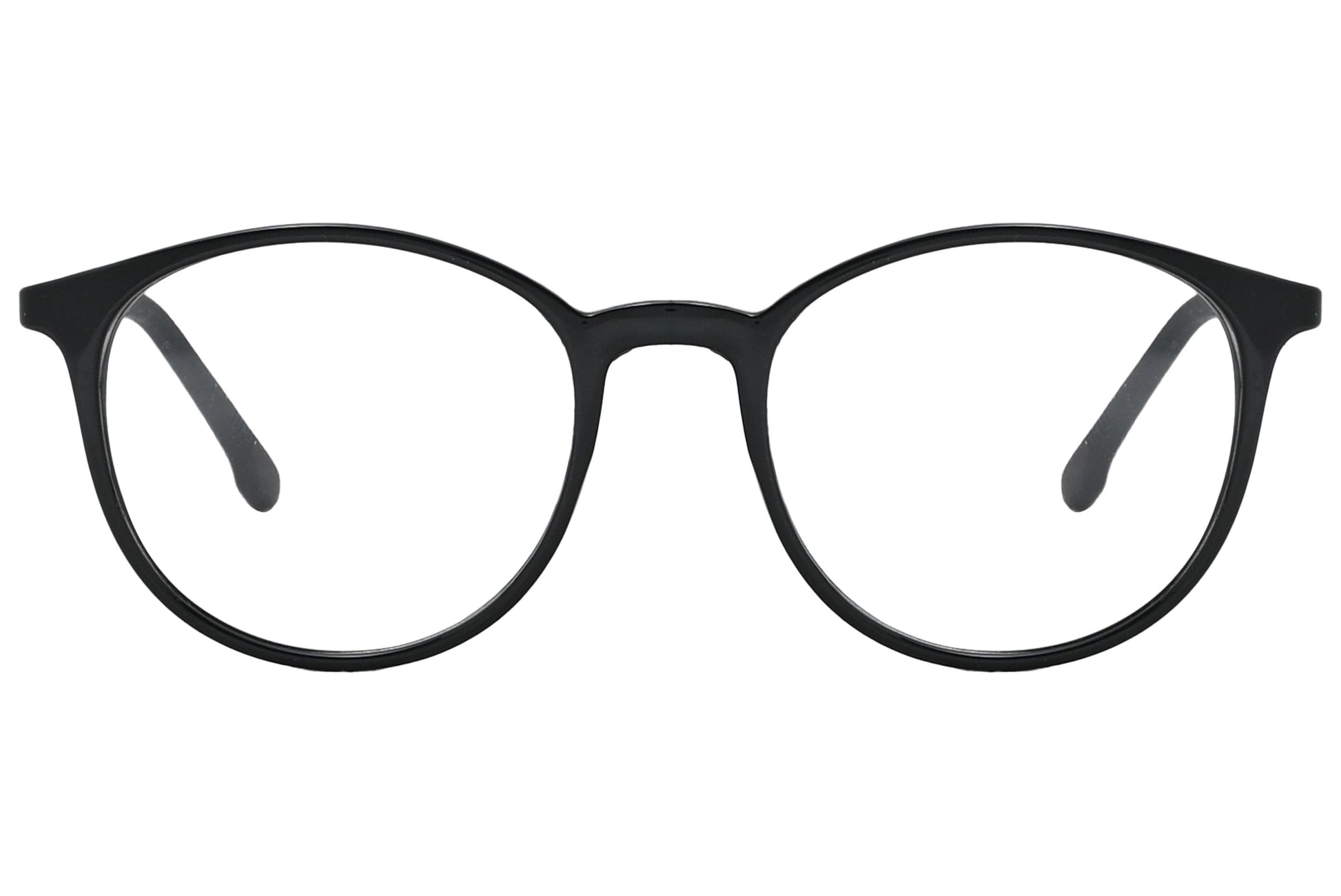 porto romano round black eyeglasses frame viewed from front angle.