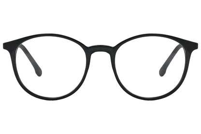 porto romano round black eyeglasses frame viewed from front angle.