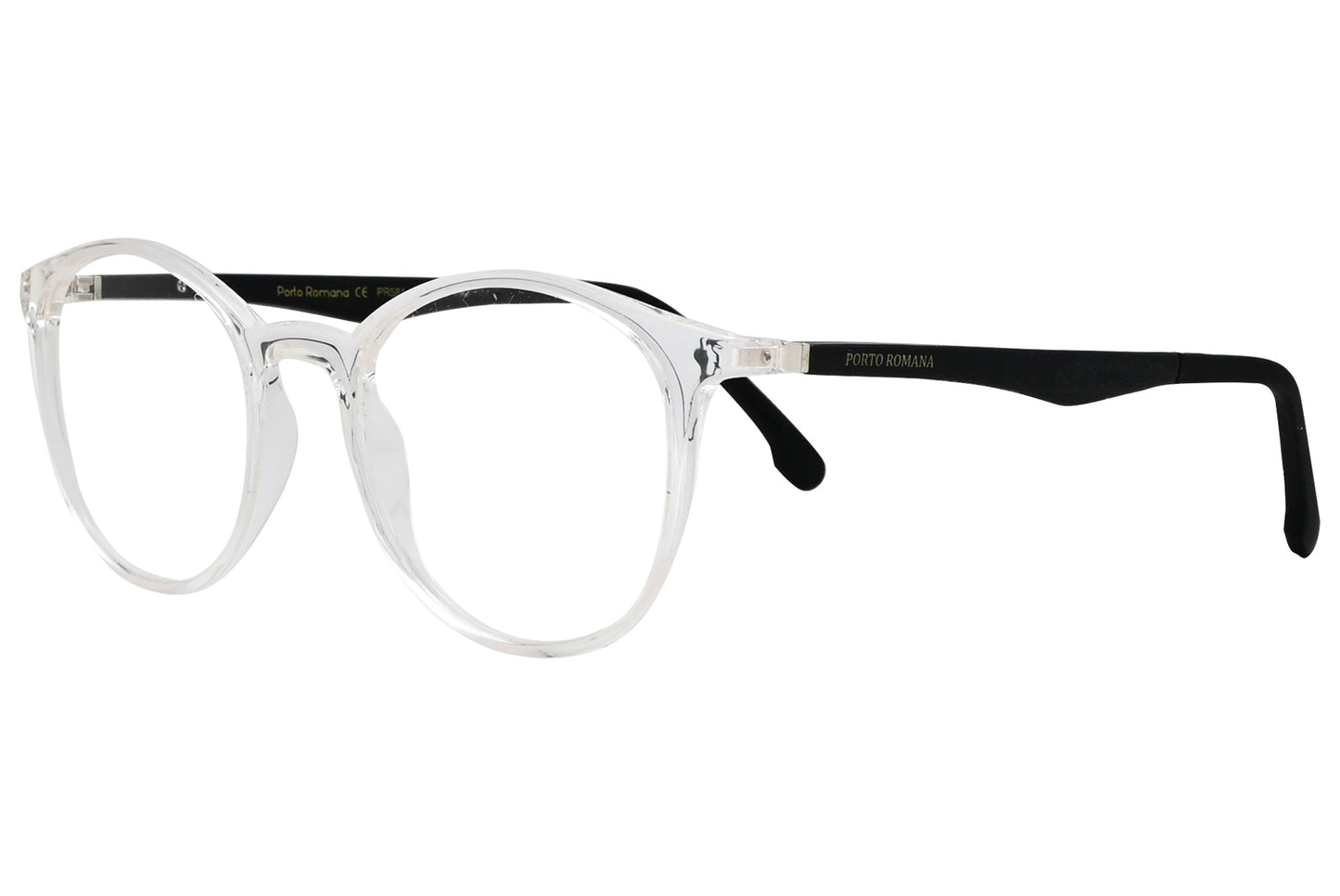 porto romano round transparent eyeglasses frame viewed from a 45-degree angle.