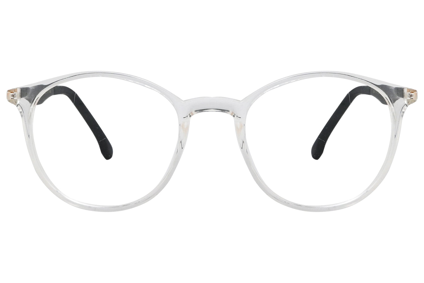 porto romano round transparent eyeglasses frame viewed from front angle.