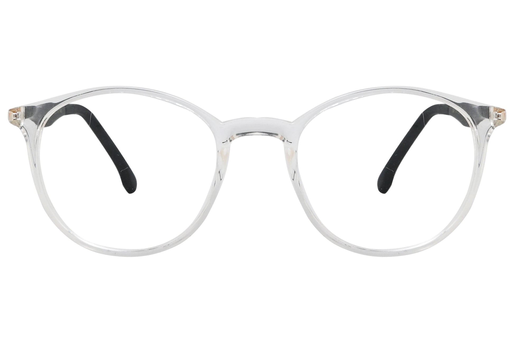 porto romano round transparent eyeglasses frame viewed from front angle.