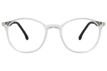 porto romano round transparent eyeglasses frame viewed from front angle.