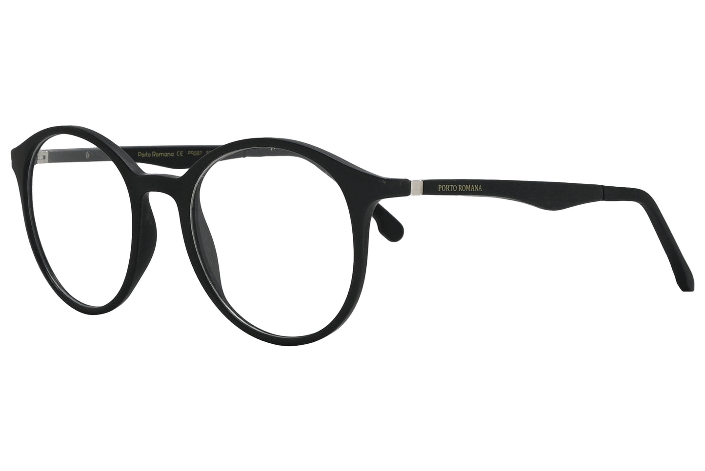 porto romano round black eyeglasses frame viewed from a 45-degree angle.