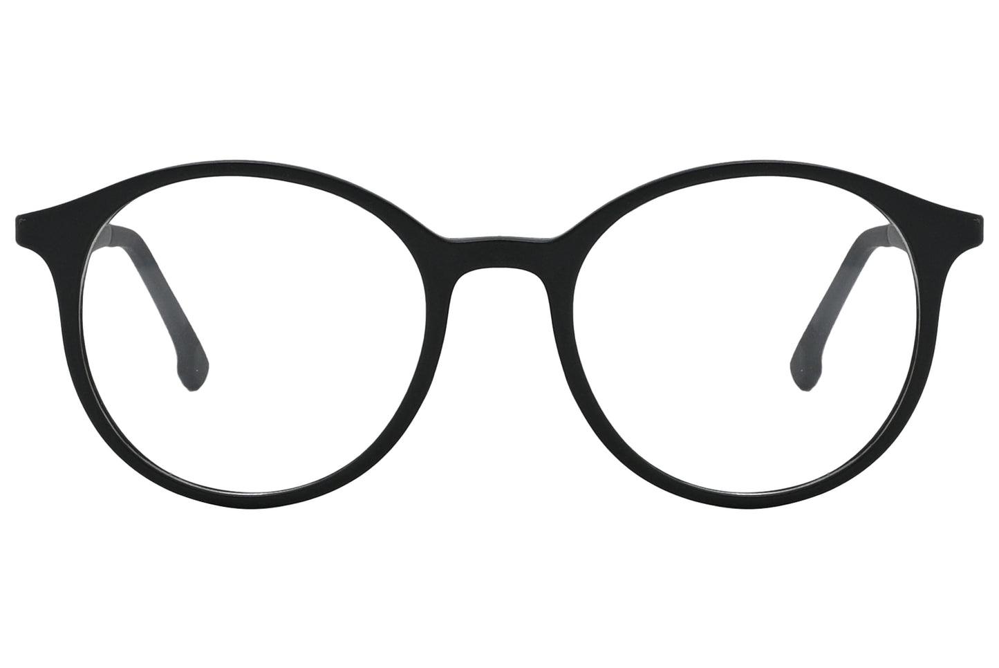 porto romano round black eyeglasses frame viewed from front angle.