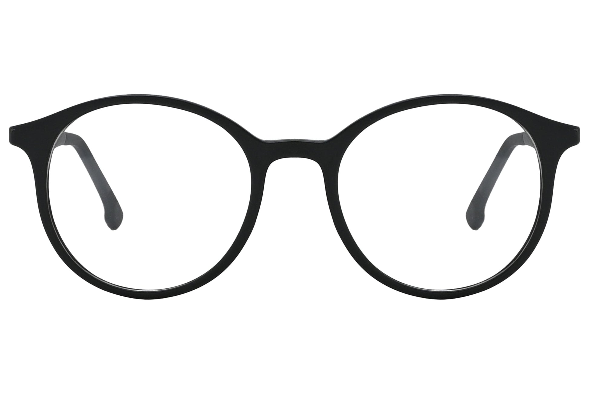 porto romano round black eyeglasses frame viewed from front angle.