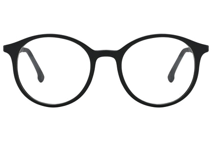 porto romano round black eyeglasses frame viewed from front angle.