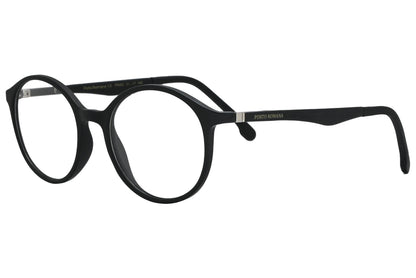 porto romano round black eyeglasses frame viewed from a 45-degree angle.