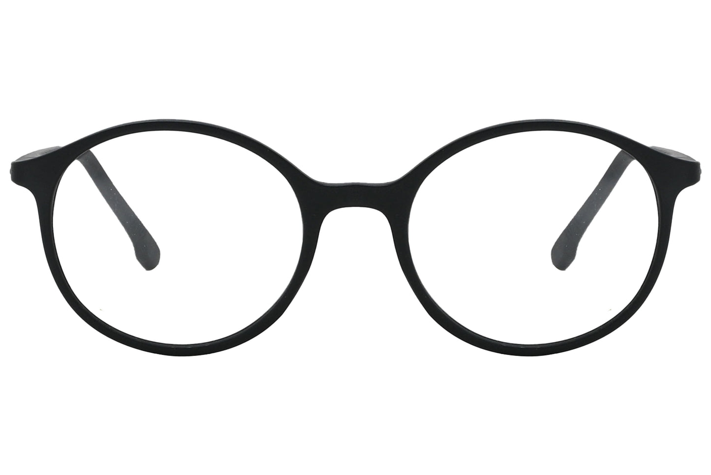 porto romano round black eyeglasses frame viewed from front angle.