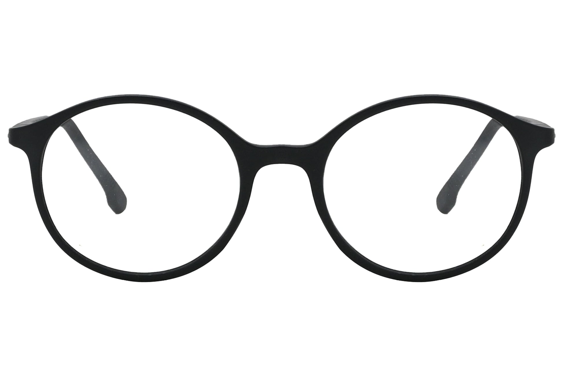 porto romano round black eyeglasses frame viewed from front angle.