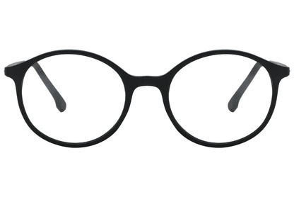 porto romano round black eyeglasses frame viewed from front angle.