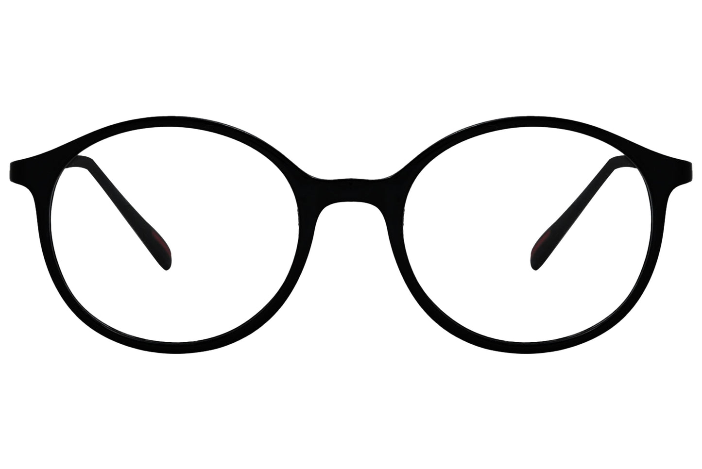 porto romano round black eyeglasses frame viewed from front angle.