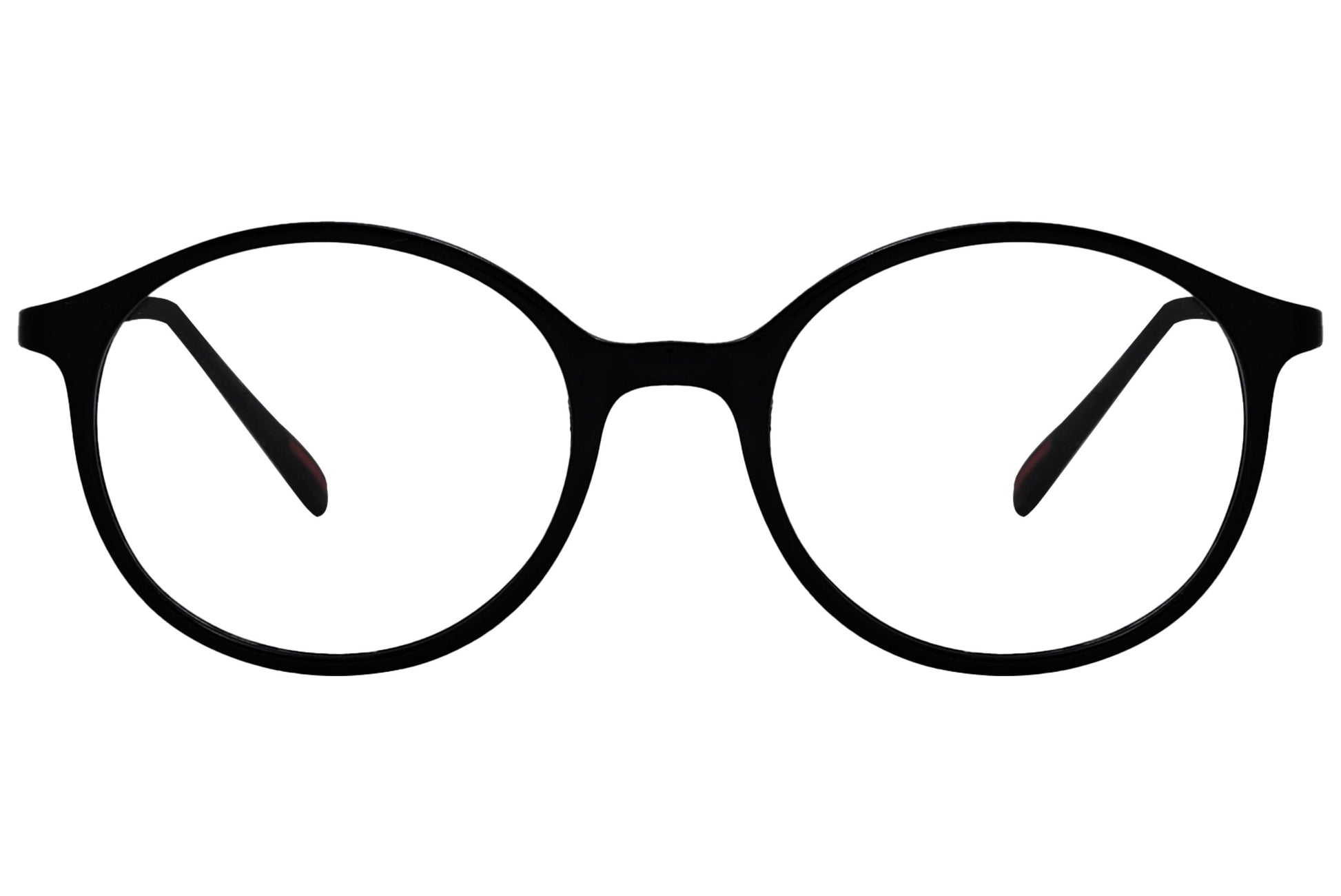 porto romano round black eyeglasses frame viewed from front angle.