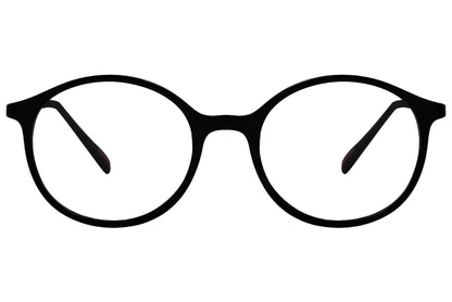 porto romano round black eyeglasses frame viewed from front angle.