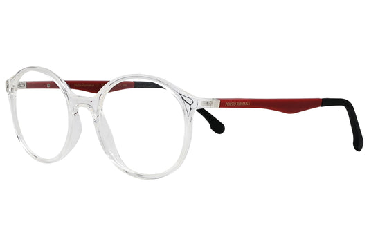 porto romano round transparent eyeglasses frame viewed from a 45-degree angle.